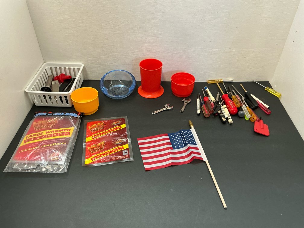 Grouping of hand tools, warm packs & containers