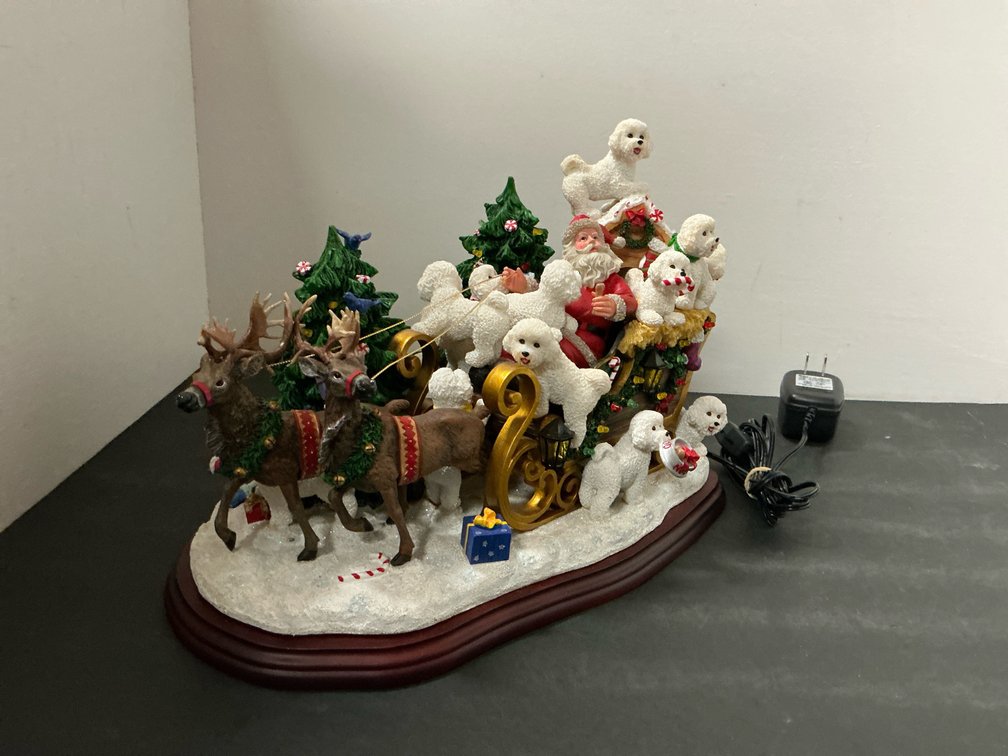 Danbury Mint lighted Bichon Frise Christmas sleigh 12” long