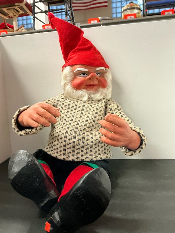 Arne Hasle seated gnome in knit sweater 2’ tall when seated