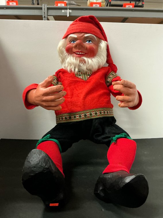 Arne Hasle seated nisse figure in red tunic, 2’ tall when seated