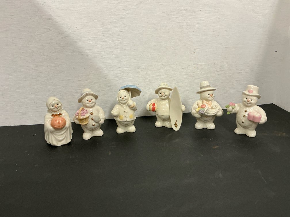 6 Lenox ivory porcelain seasonal snowman figurines