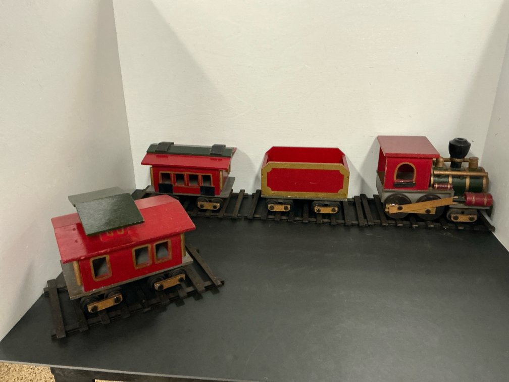 4-piece painted wooden toy train set with tracks