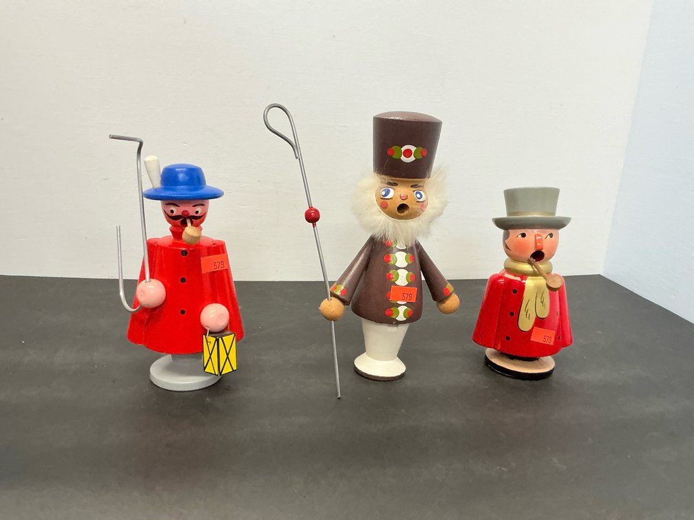 3 painted wood incense smoker figurines