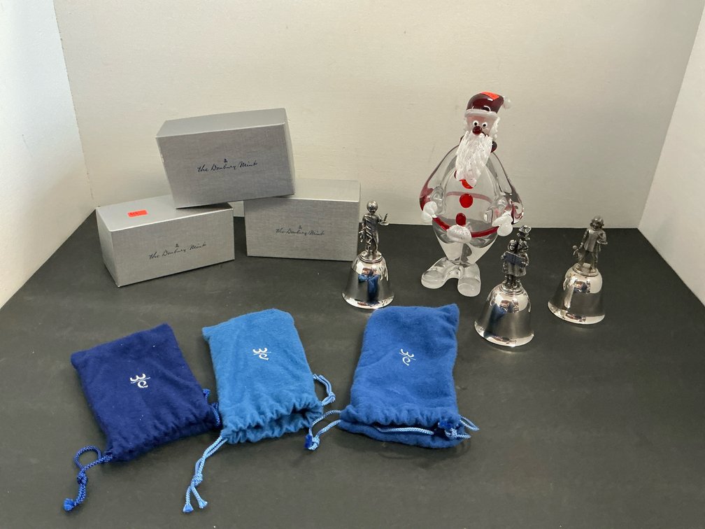 3 Danbury Mint silver-tone figural bells & Murano glass Santa figurine