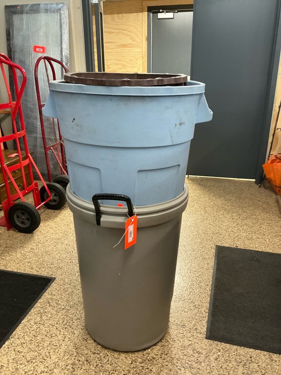 Grouping of 3 round plastic utility trash cans