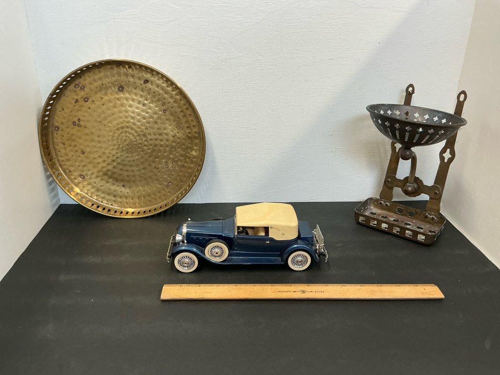 Grouping of model car, brass tray & metal stand