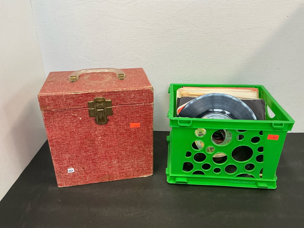 Grouping of 45 RPM records with red case & crate