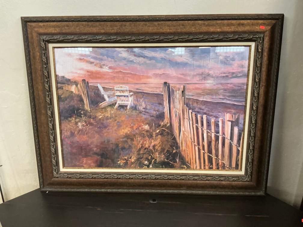 Framed coastal landscape with Adirondack chairs 46x35