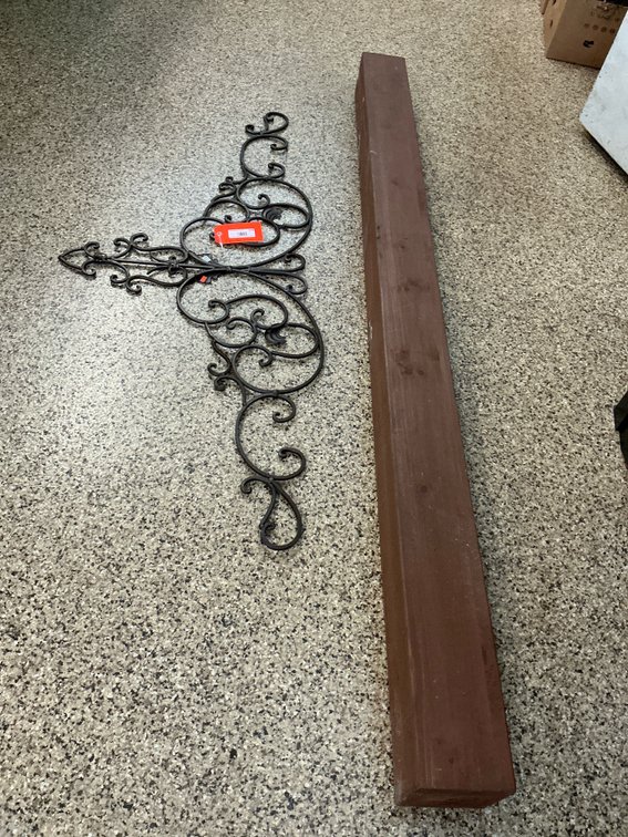 Wrought iron scroll pediment 5’x2’ & brown wooden beam 83” tall