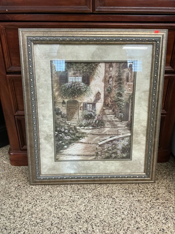 Framed European street scene art print 27x31