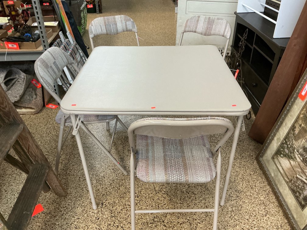 Beige metal folding card table & 4 chairs