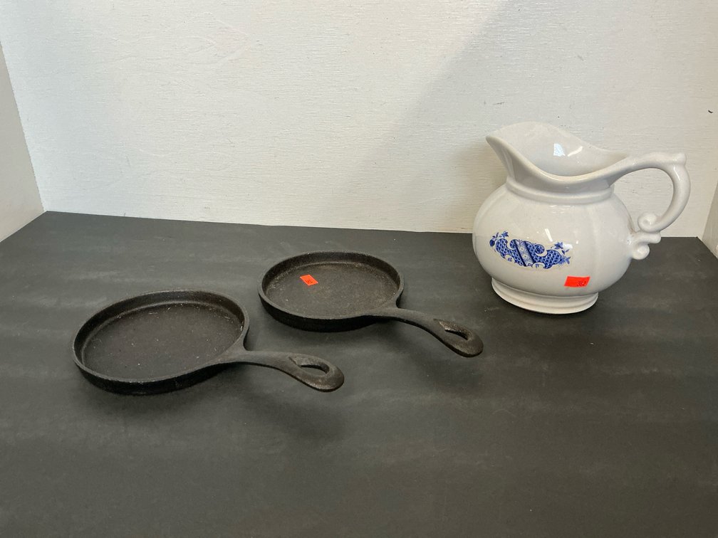 2 cast iron mini skillets 5” diameter & ceramic pitcher