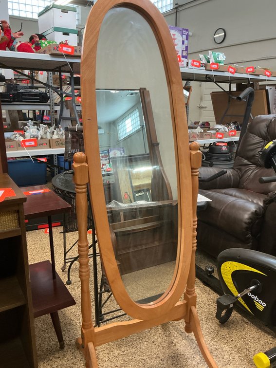 Oval wood tilting cheval floor mirror 5’ tall
