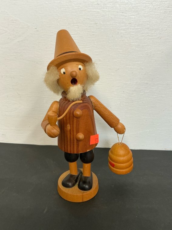 Carved wooden beekeeper incense smoker figurine