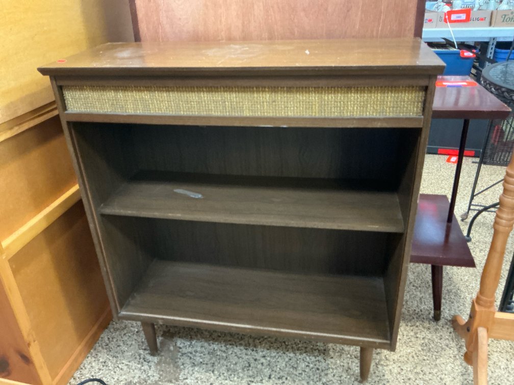 Mid-century modern style bookcase with woven trim 30x12x35