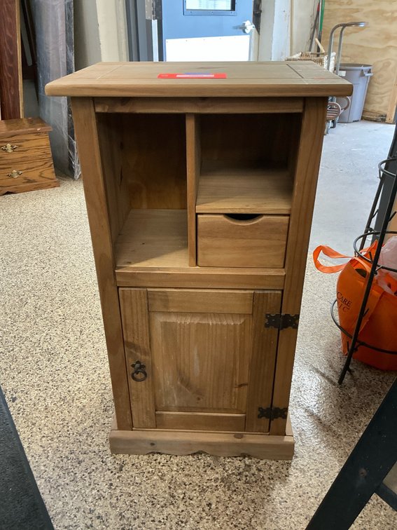Rustic pine cabinet with cubbies, drawer & door