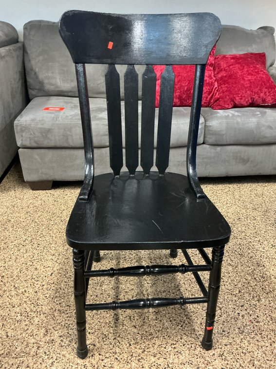 Black painted wooden slat-back side chair