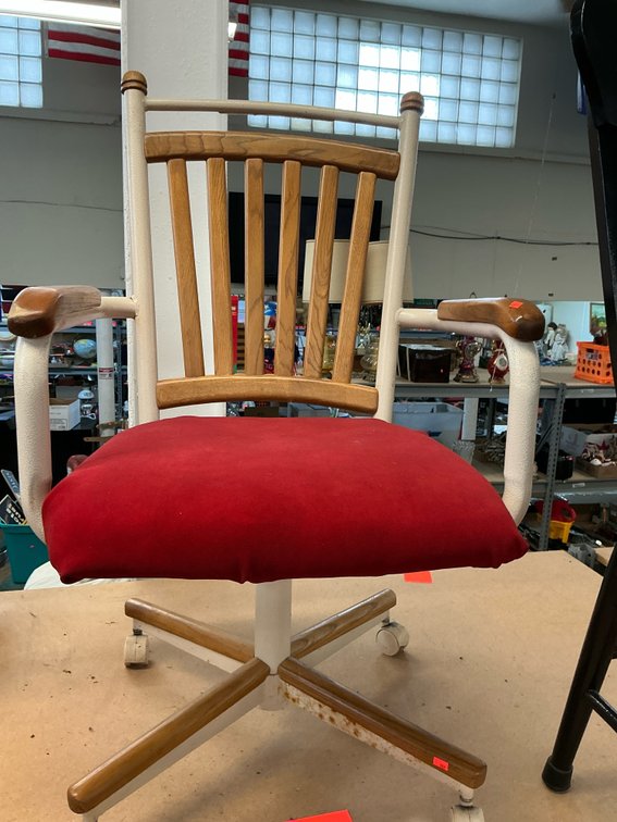 Rolling swivel armchair with wood slat back & red seat