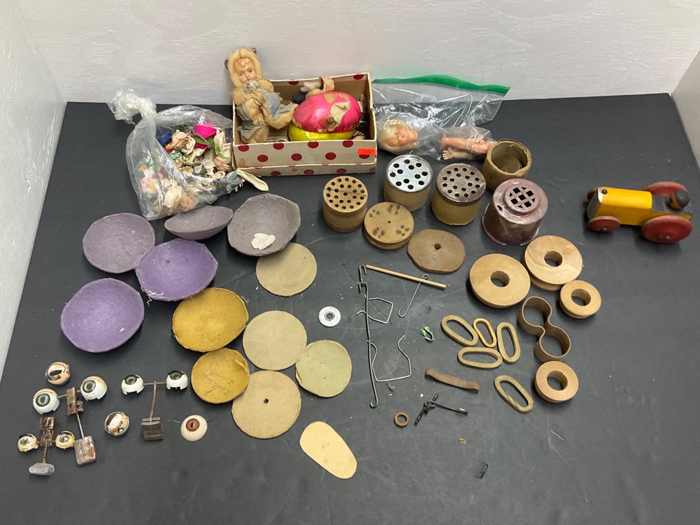 Doll repair parts, sleep eyes & wooden toy