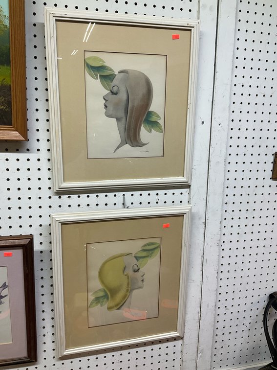 Pair of framed stylized female profile prints 16x18