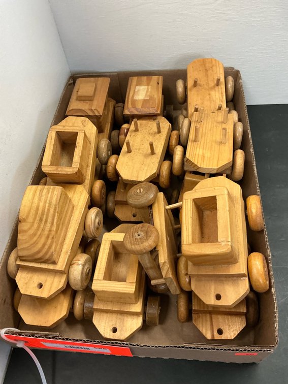 Grouping of wooden toy train cars & wagons