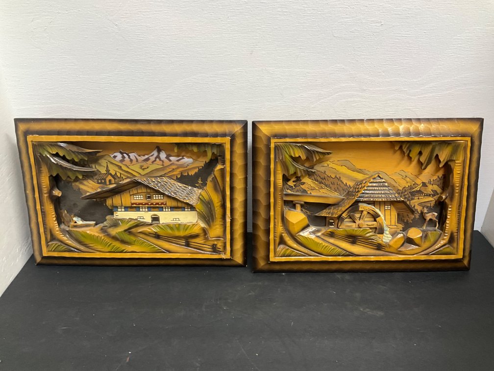 Pair of carved wood Alpine landscape wall plaques 13x9