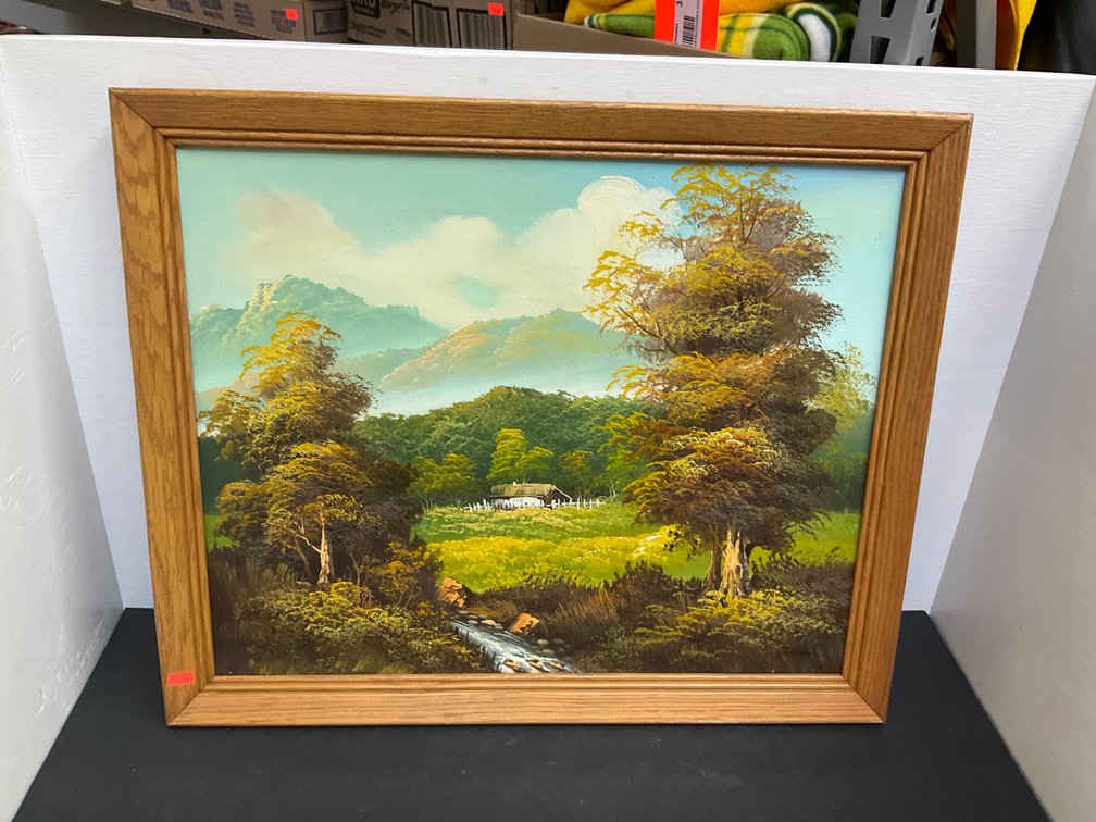 Framed cottage & mountain landscape oil painting 22x18