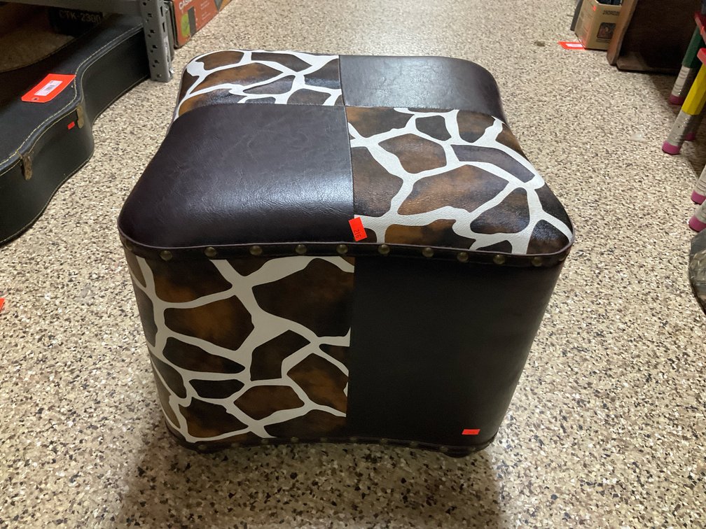 Giraffe print & faux leather patchwork cube ottoman