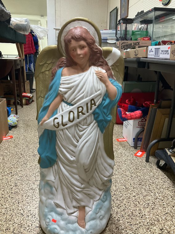 Lighted angel blow mold figure with Gloria banner
