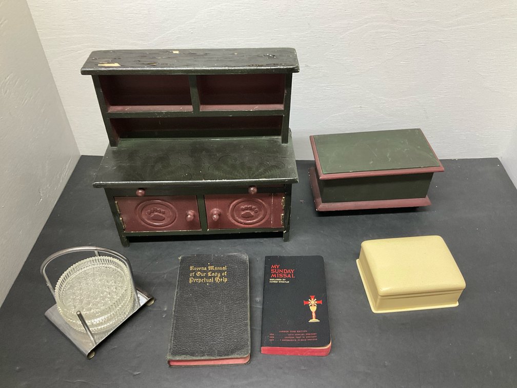 Miniature hutch, glass coasters, missals & trinket boxes