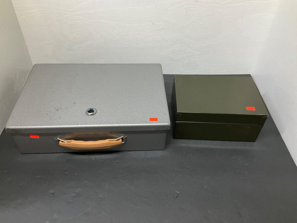 Gray metal lock box with handle & olive green box