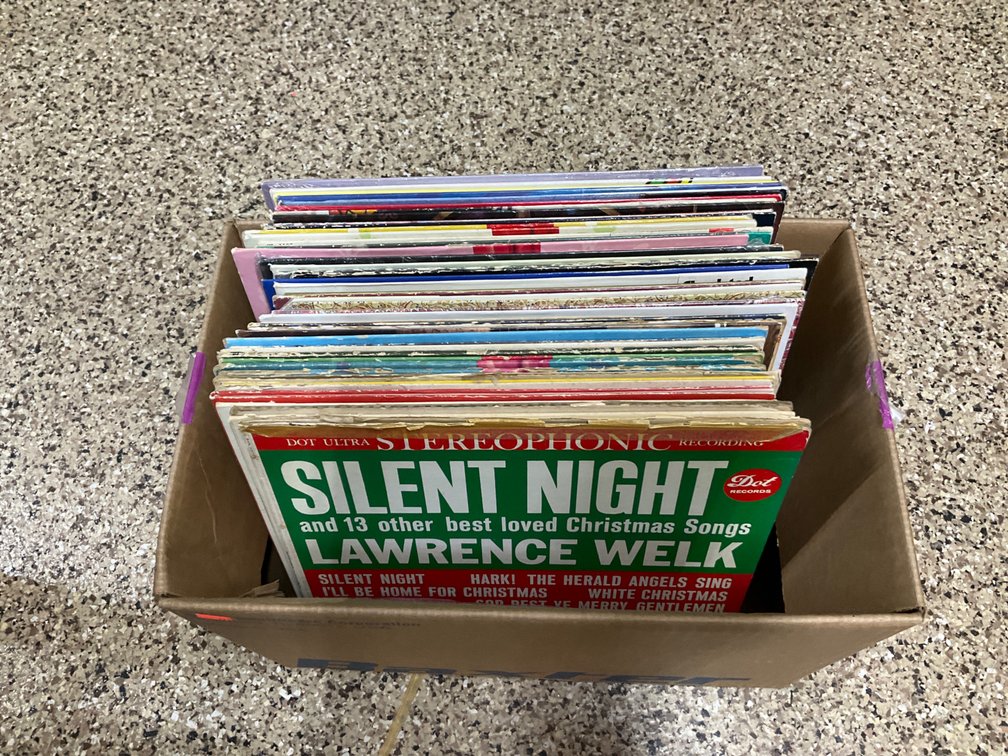 Box of Christmas & holiday vinyl LP records