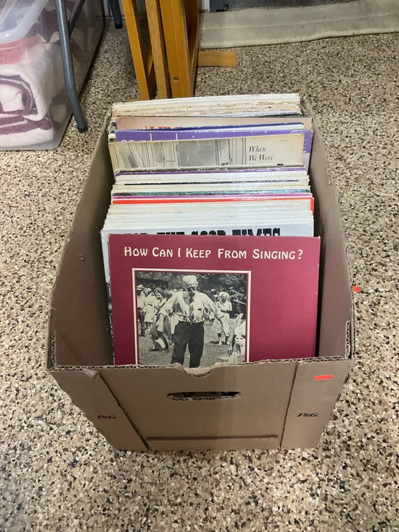 Assorted vinyl LP records in box