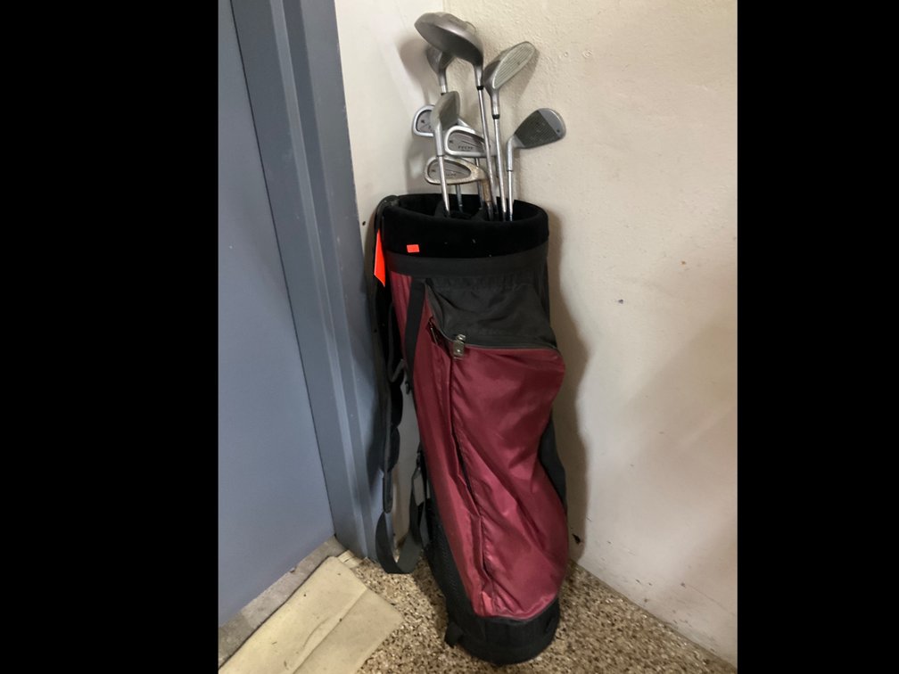 Tech Plus golf clubs with maroon & black golf bag