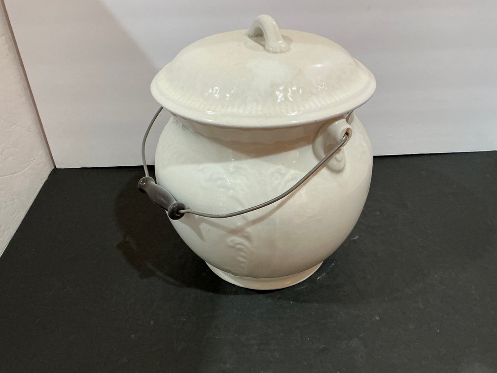 White ceramic lidded pot with wire bail handle - Office Main Level