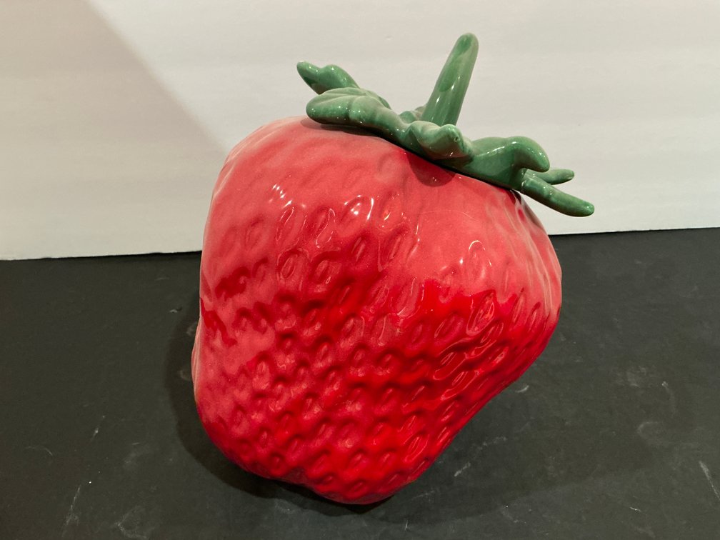 Glazed ceramic strawberry canister with lid - Office Main Level