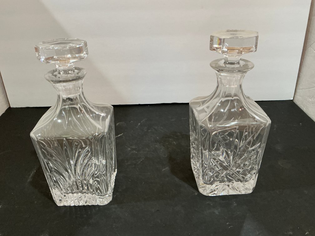 Pair of cut glass square decanters with stoppers - Office Main Level