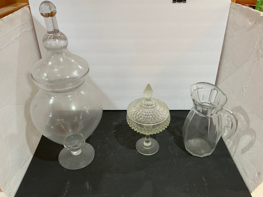 3 clear glass pieces with pitcher & covered dishes - Office Main Level