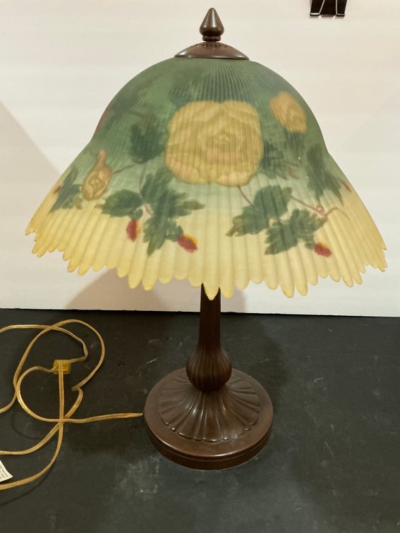 Bronze-tone table lamp with floral painted glass shade - Office Main Level