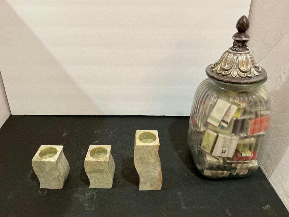 3 carved stone candle holders & lidded glass jar - Office Main Level