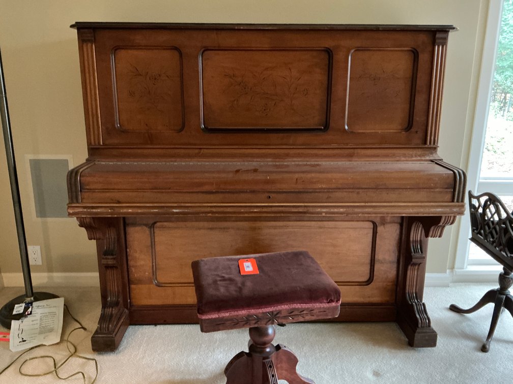 Smith & Barnes upright piano with swivel stool - Den Main Level