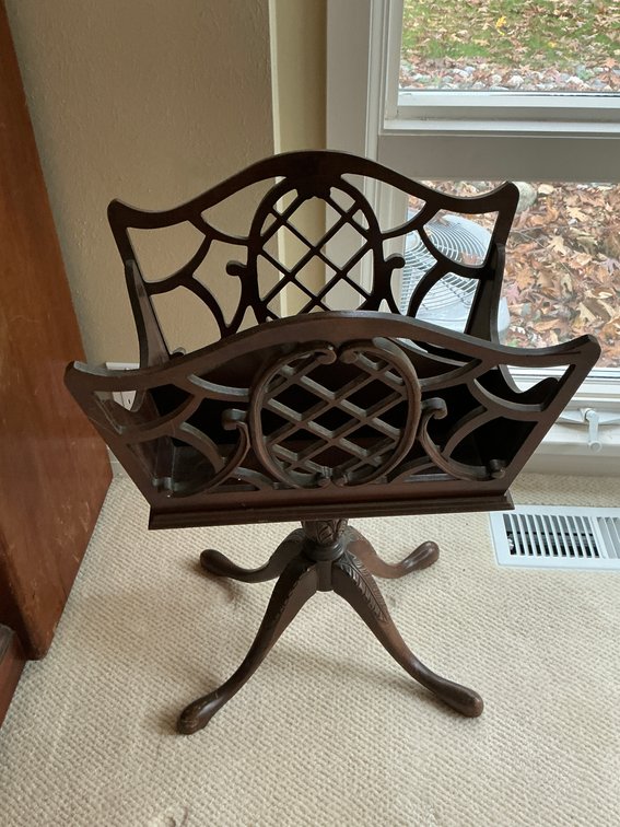 Carved wood pedestal magazine rack with fretwork - Den Main Level
