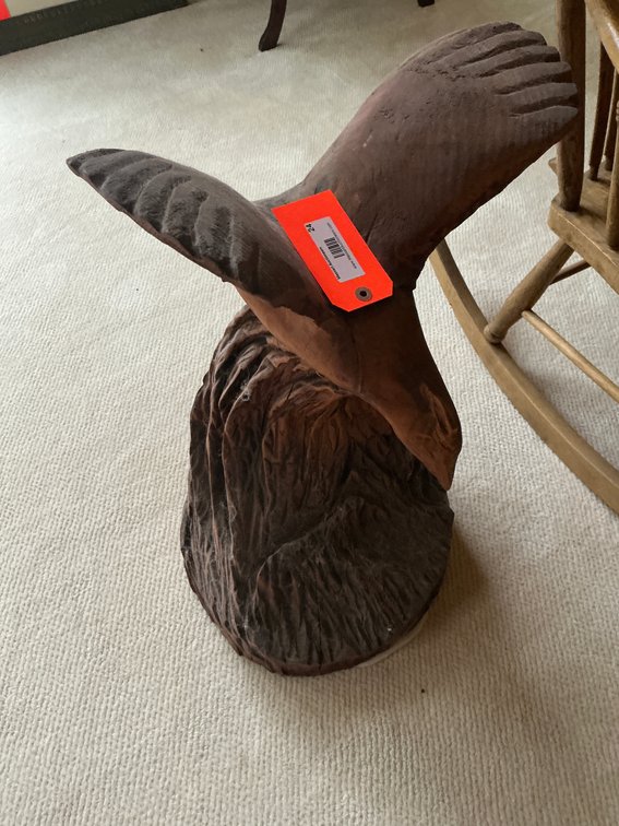 Carved wood eagle sculpture on stump base - Den Main Level