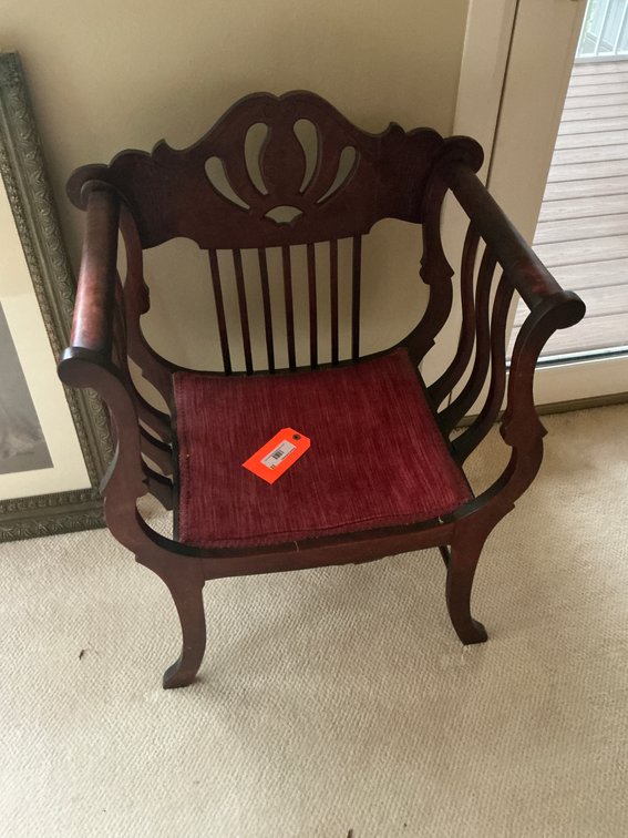 Carved wood armchair with burgundy upholstered seat - Den Main Level