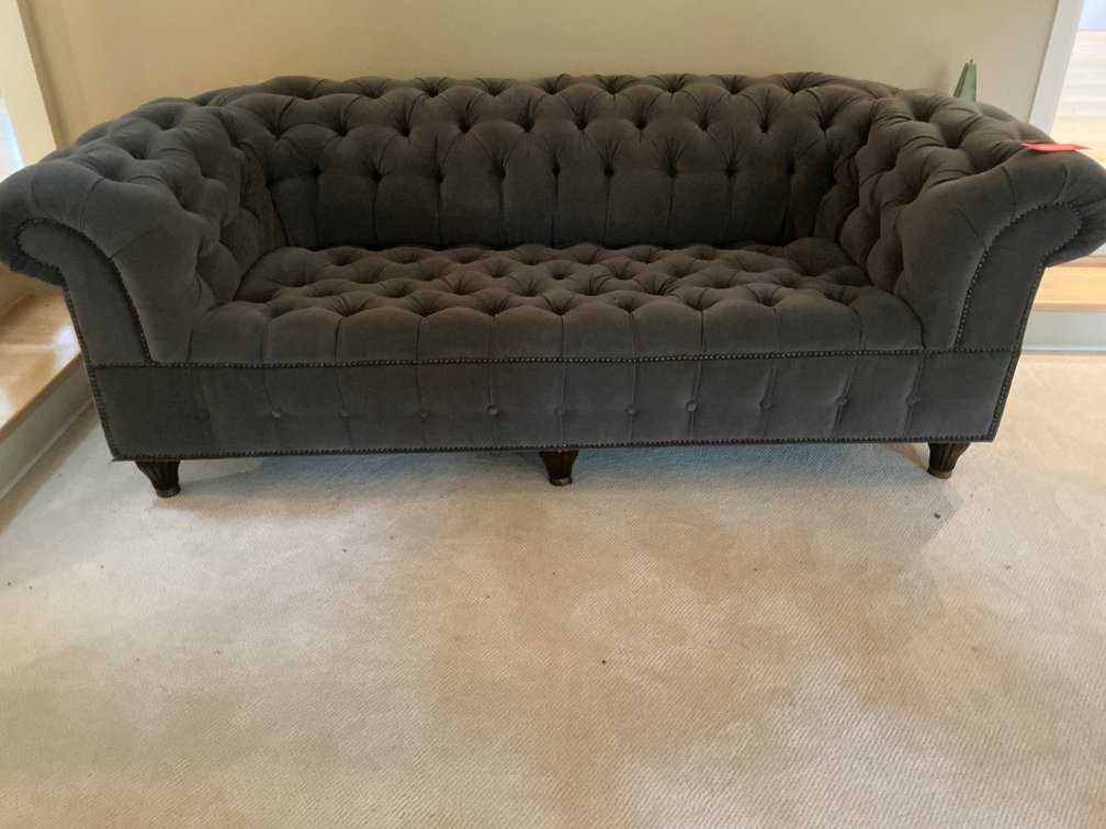 Tufted charcoal gray velvet Chesterfield sofa - Den Main Level