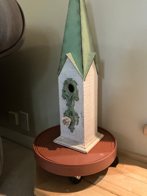Wooden steeple birdhouse with metal roof & rolling caddy - Den Main Level