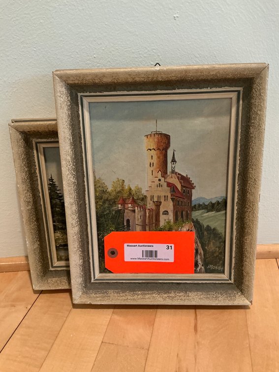 Pair of framed castle & alpine landscape paintings - Entryway Hallway Main Level