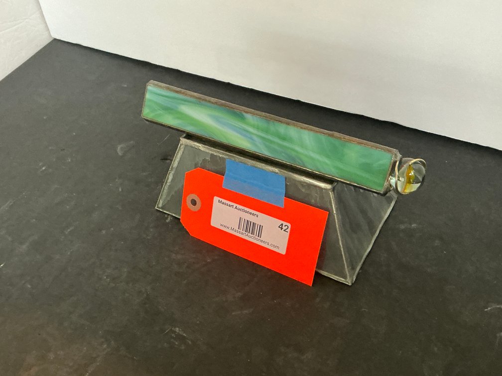 Green slag glass kaleidoscope with stand - Living Room Main Level