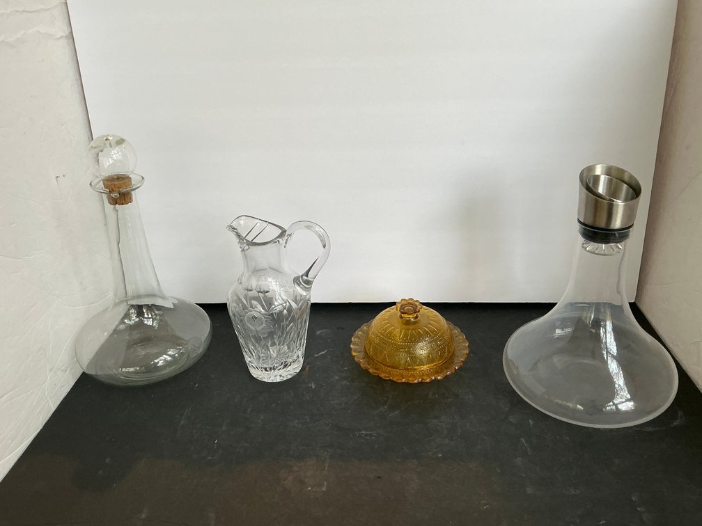 Glassware grouping with decanters & pitcher - Living Room Main Level