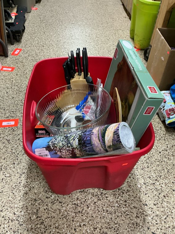 Kitchenware & household items with red storage tote-NO cover